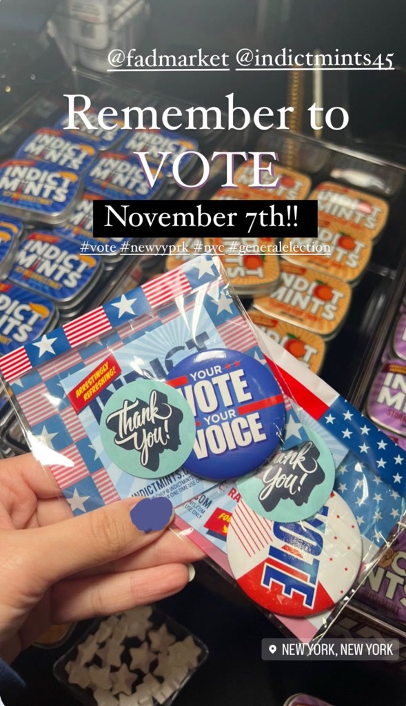 Vote-themed cookies and buttons at a New York City food market