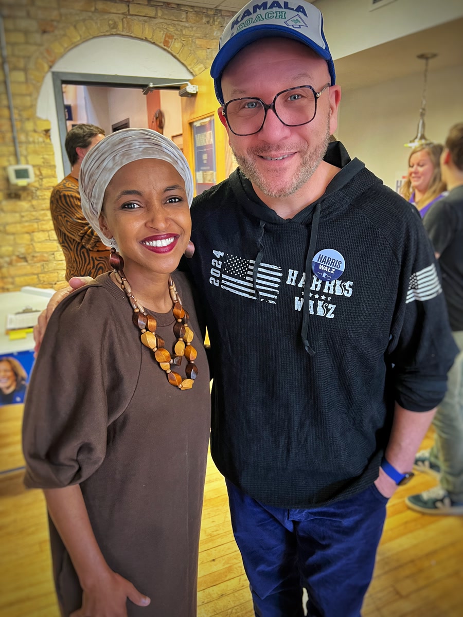 Blue Moreno and Ilhan Omar posing together at a Minnesota campaign event