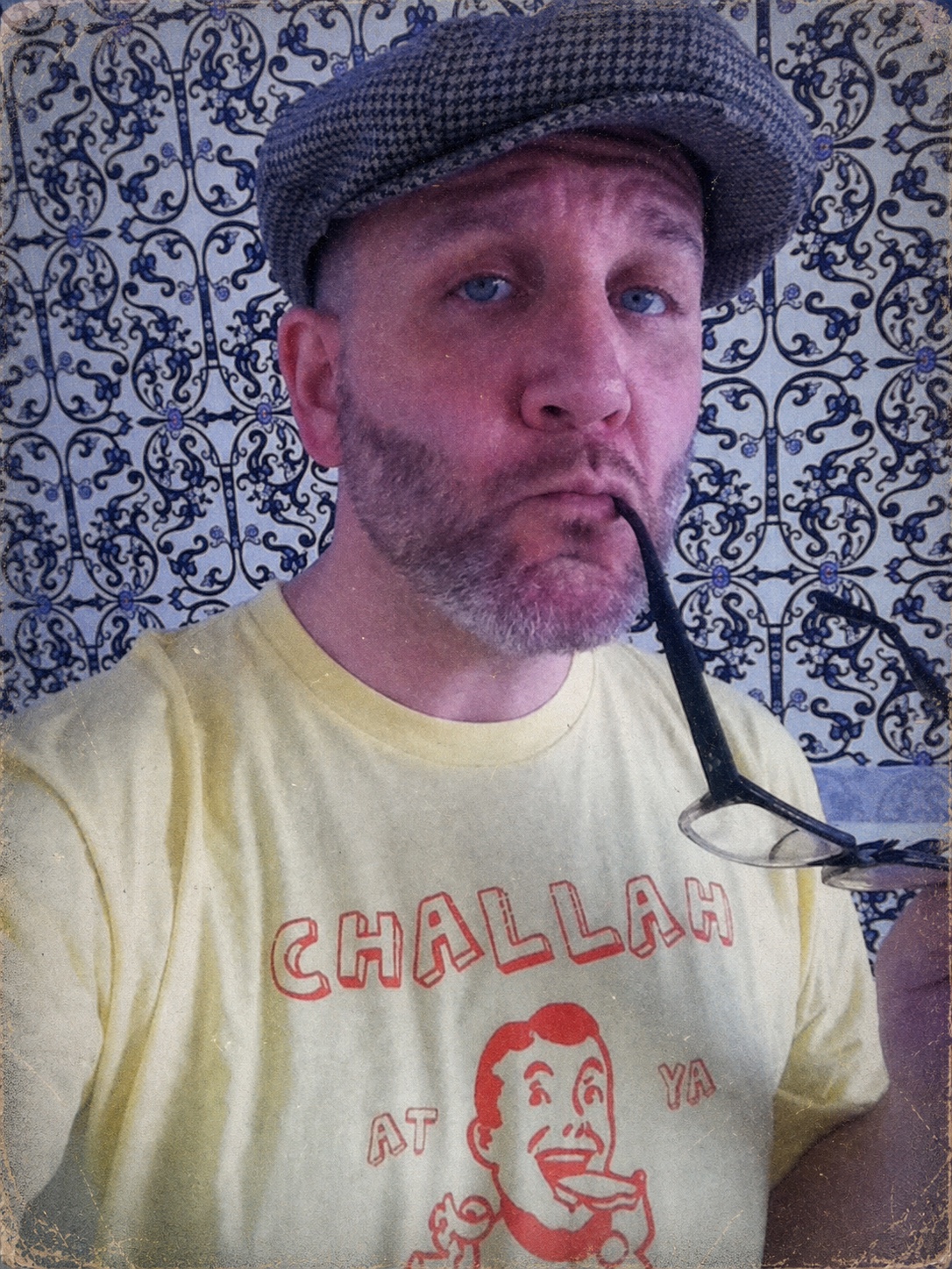 Blue Moreno in a Challah at ya Boy t-shirt, printed with weathered album-sleeve texture