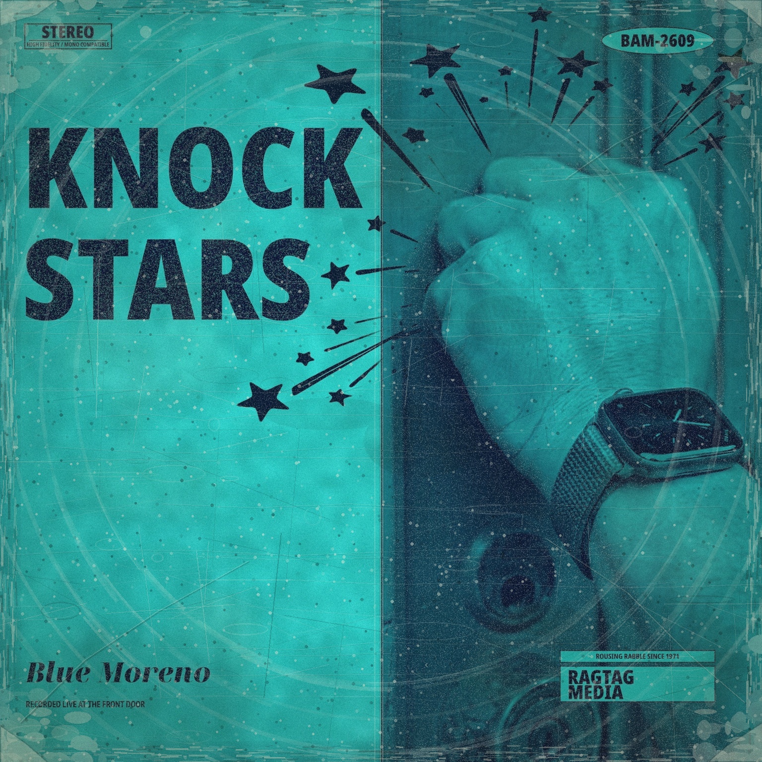 Knock Stars by Blue Moreno — a fist mid-knock erupting with a burst of stars on a bright cyan field.