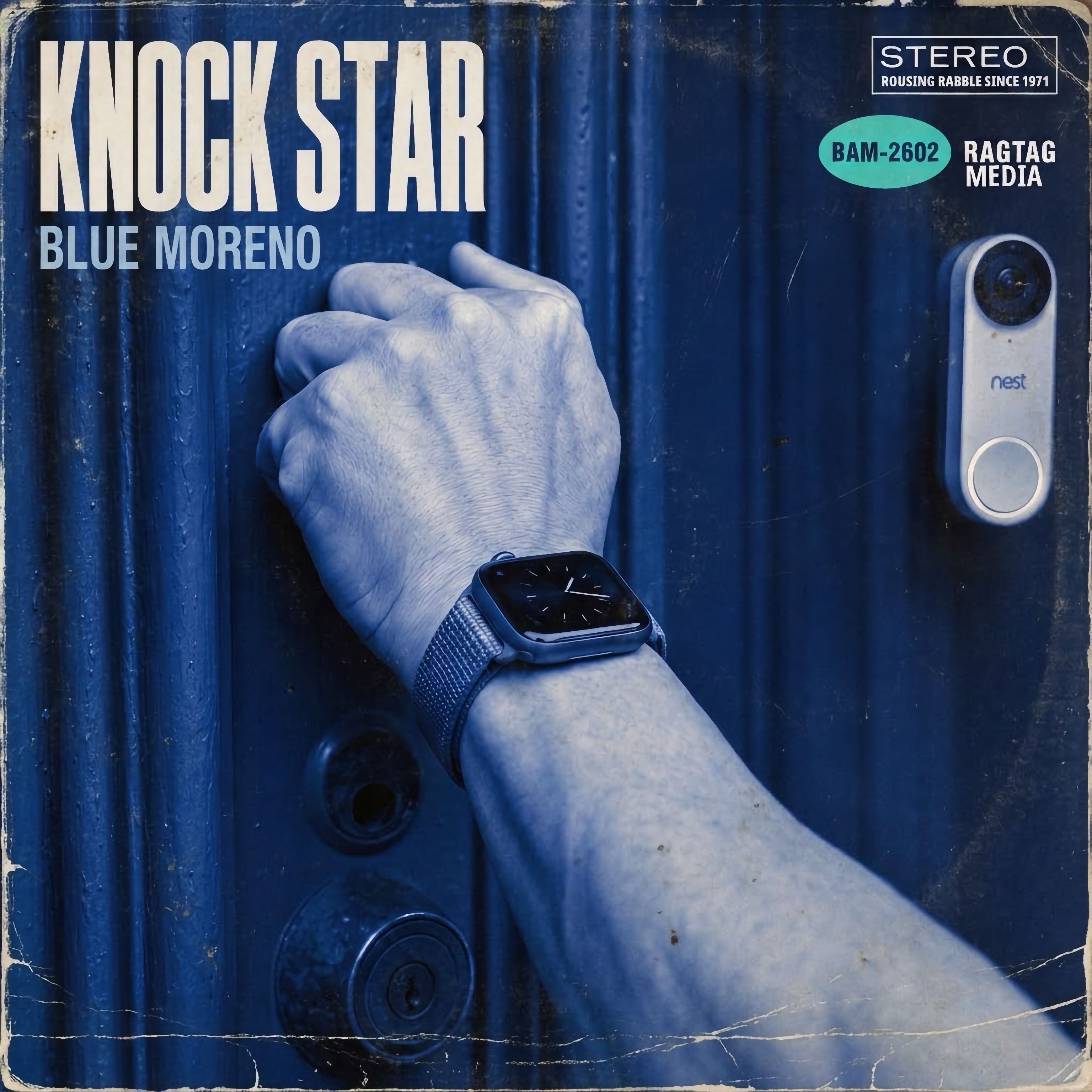 Knock Star by Blue Moreno — a fist mid-knock on a Brooklyn door in cobalt-blue duotone, Cool Struttin' composition. BAM-2602.