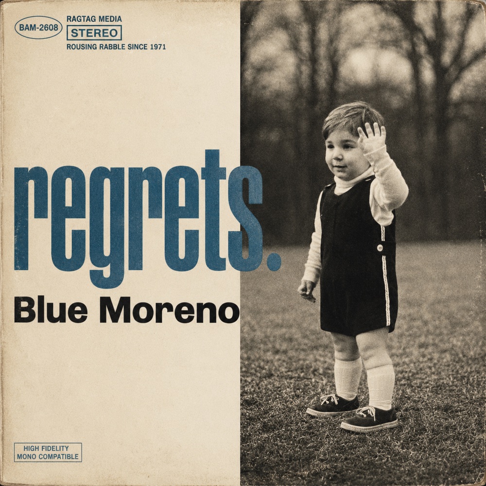 5 Regrets by Blue Moreno — a vintage album sleeve. A sepia photo of a waving toddler, young Blue, beside the word "regrets." set in blue. Catalog BAM-2608.