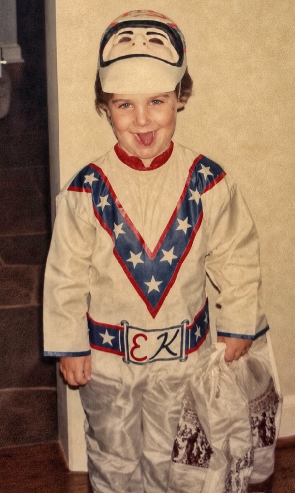 Blue Moreno, age about 6, in a full Evel Knievel stunt jumpsuit and helmet